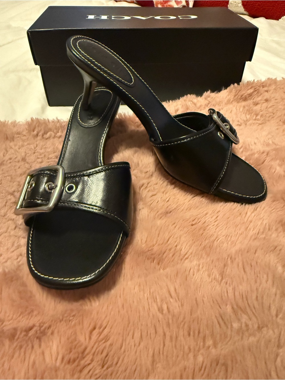 Coach Black Leather Buckle Mule Heels with Silver Buckle